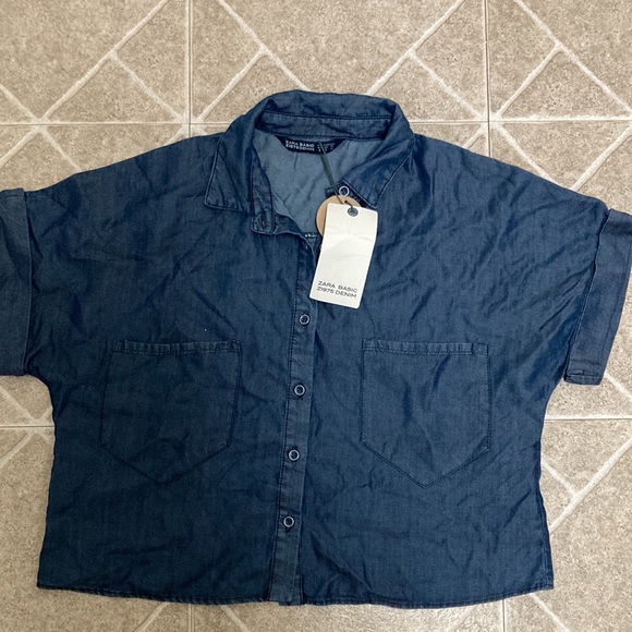 Zara Short Sleeve Denim Crop Top Button Down - Picture 4 of 6